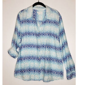 Charter Club 100% Linen Roll Tab Button Down Shirt XL Knot Geometric Print Blue